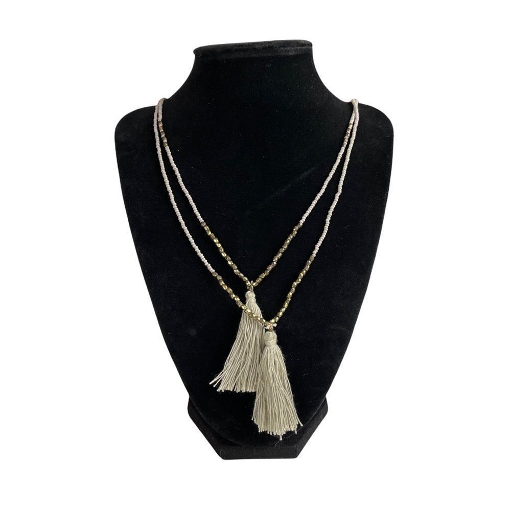 2 Strand White and Gold Tone Womens Beaded Necklace with Off White Tassels